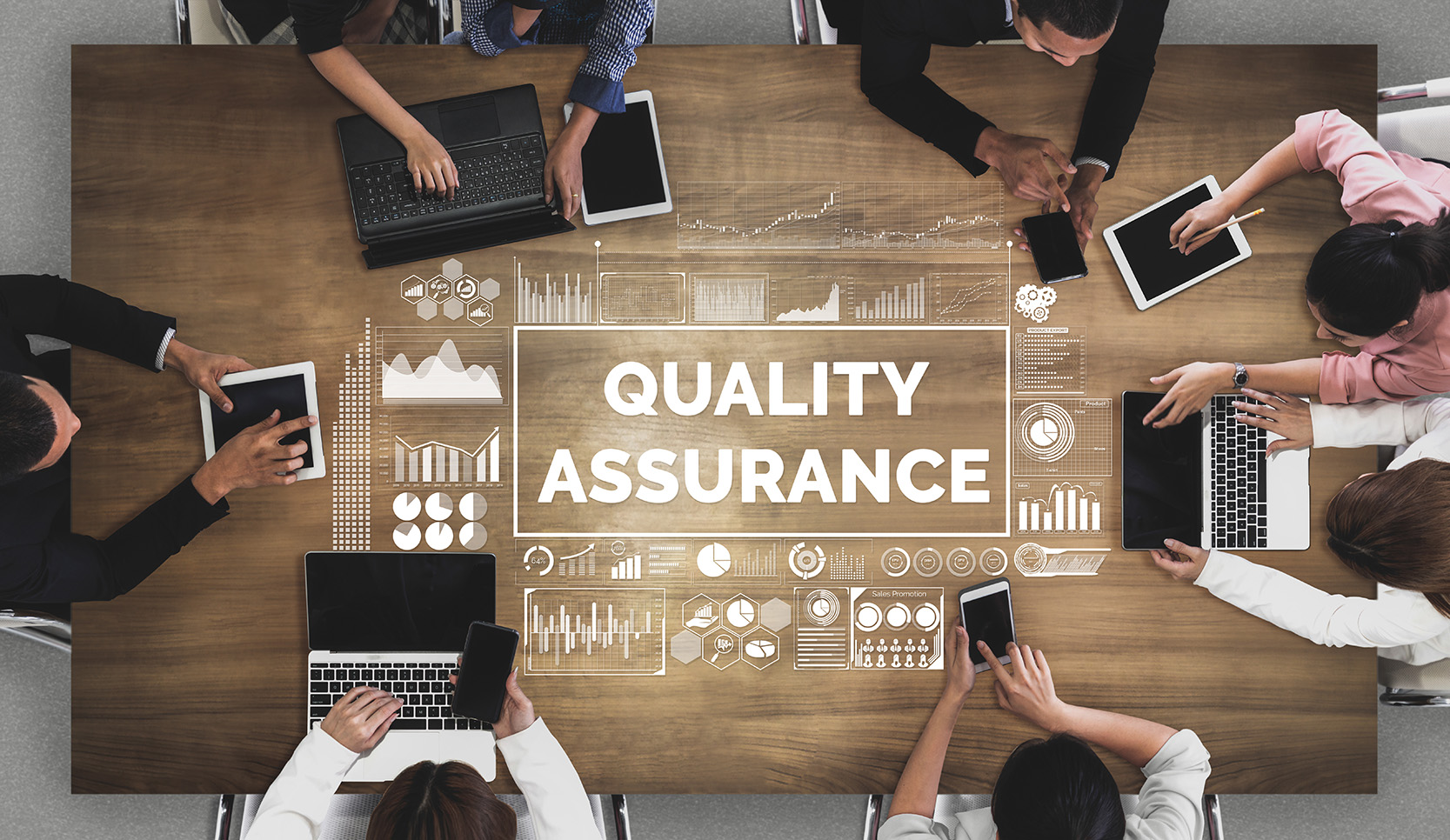 Quality Assurance and Quality Control Concept - Modern graphic interface showing certified standard process, product warranty and quality improvement technology for satisfaction of customer.