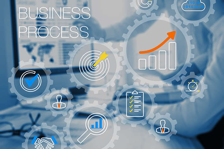 Business process management and automation technology concept with gears system or workflow and consultant team working on computer in office in background, automated ERP, CRM or financial tasks