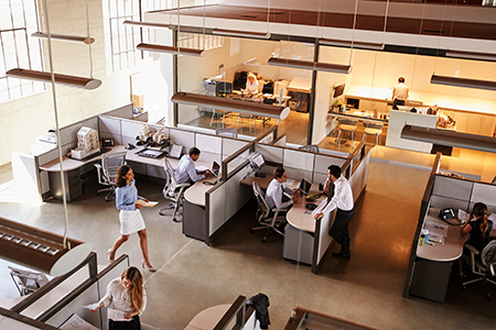 Elevated view of a busy open plan office