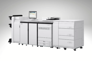 A high-performance Canon production printer with advanced finishing options and a touchscreen interface, designed for professional-grade printing in business environments.