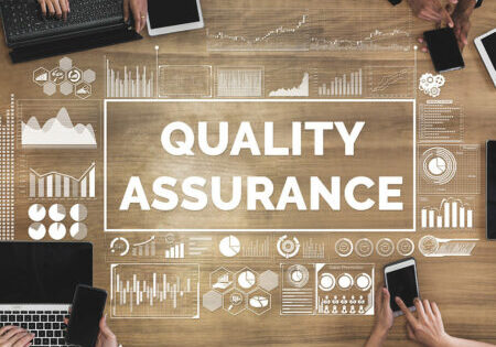 Quality Assurance and Quality Control Concept - Modern graphic interface showing certified standard process, product warranty and quality improvement technology for satisfaction of customer.